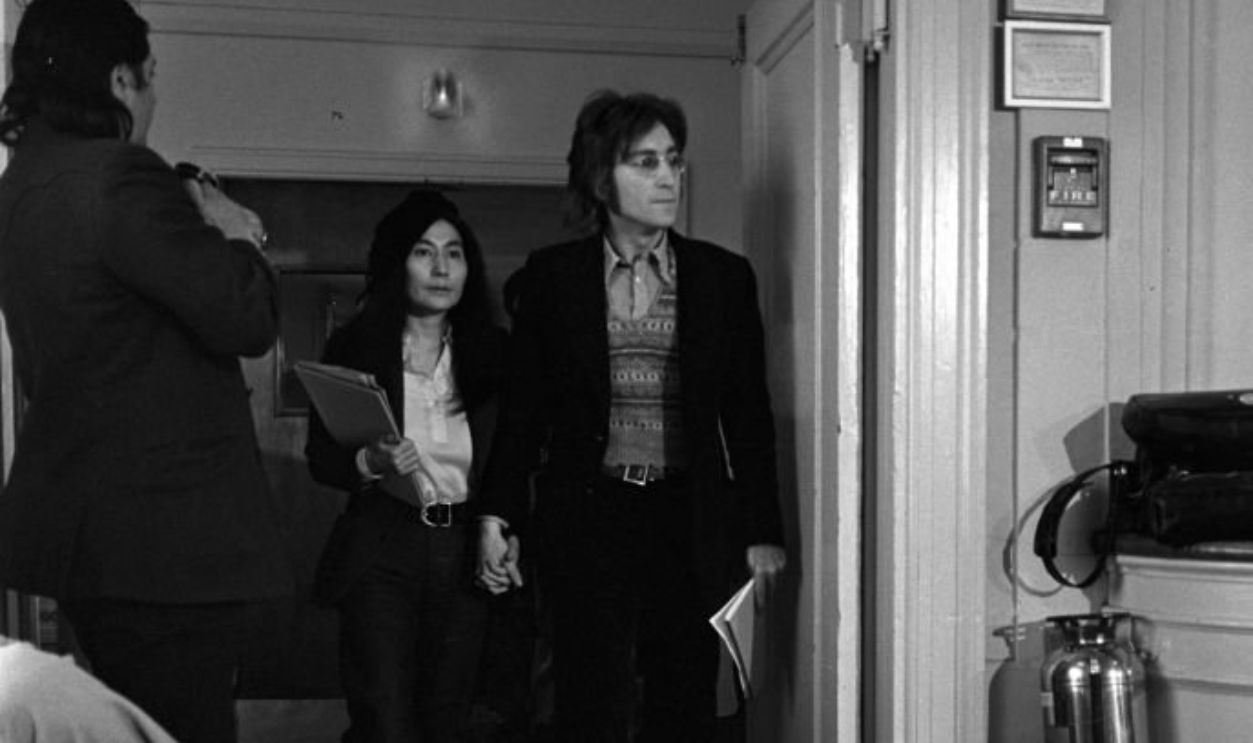 British musician John Lennon and wife Japanese artist Yoko Ono arriving to press conference