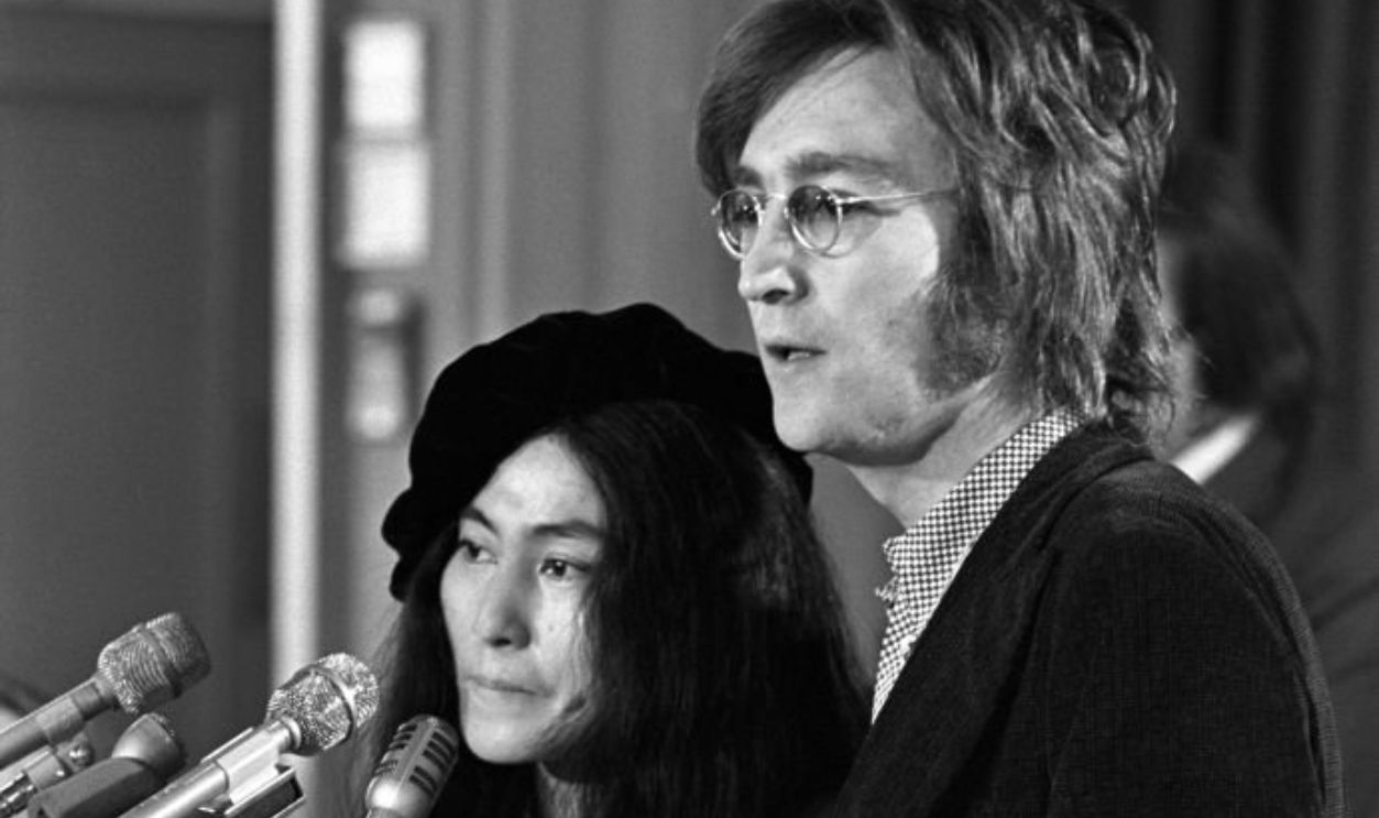 British musician John Lennon and wife Japanese artist Yoko Ono speaking at a press conference