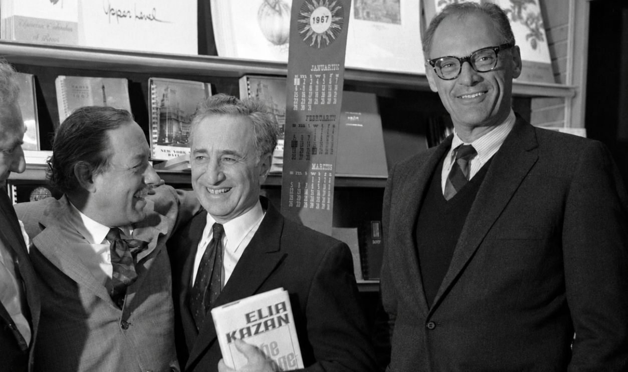 New York, USA, 6 February 1967, the writers, Tennessee Williams, Elia Kazan and Arthur Miller at an editorial party.