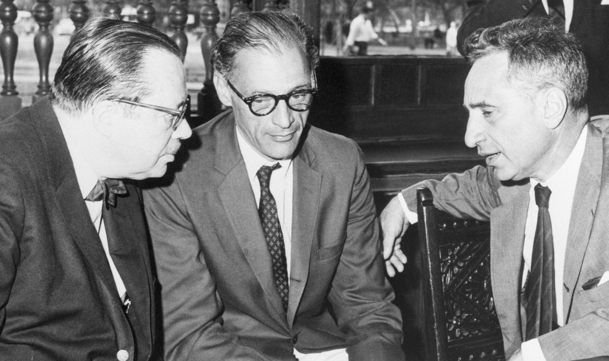 (Original Caption) 7/20/1963-Left to right: Jo Mielziner, building designer; playwright Arthur Miller; Elia Kazan, co-director of Lincoln Theater with Robert Whitehead.