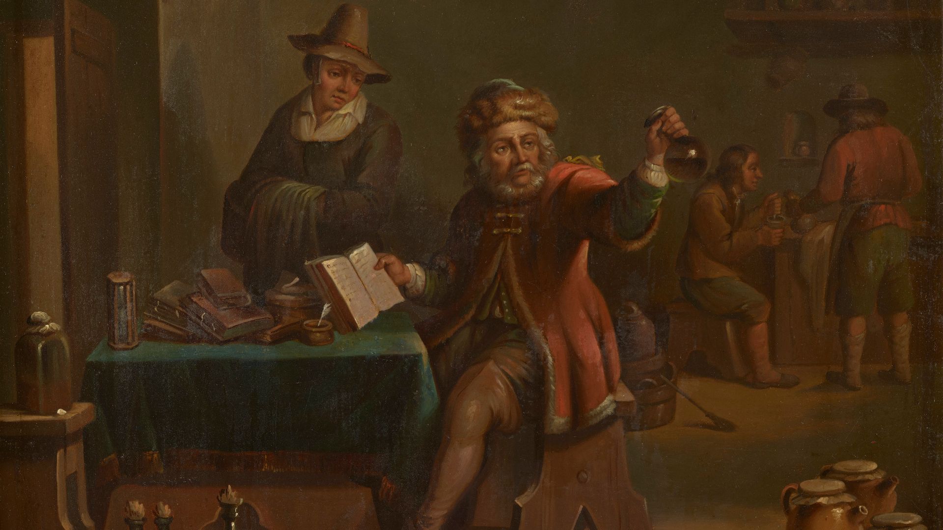 In this small copy of a larger painting by David Teniers II (artist unknown), a bearded physician examines a flask of urine as his patient, a middle-aged woman, looks on thoughtfully. Before him is an open book, likely a medical text on diagnosis and trea