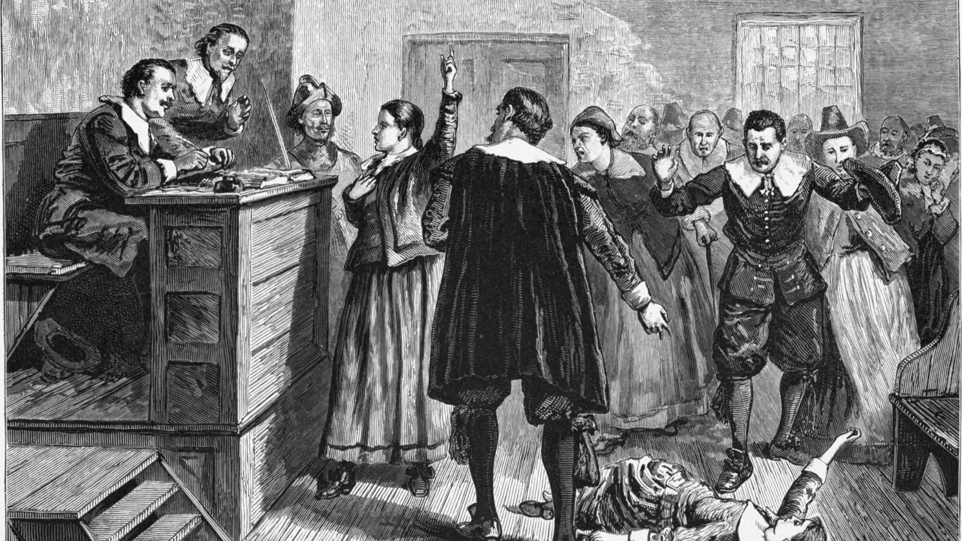 Witchcraft at Salem Village.  Engraving.  The central figure in this 1876 illustration of the courtroom is usually identified as Mary Walcott.