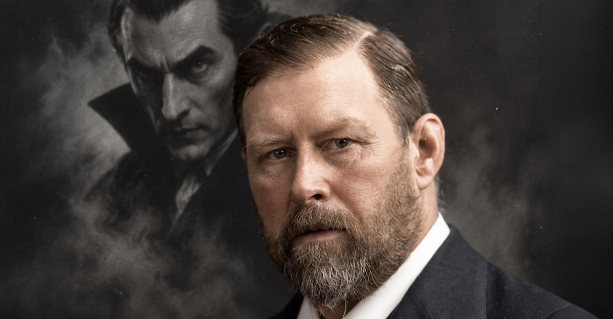 Bram Stoker on a Dracula background