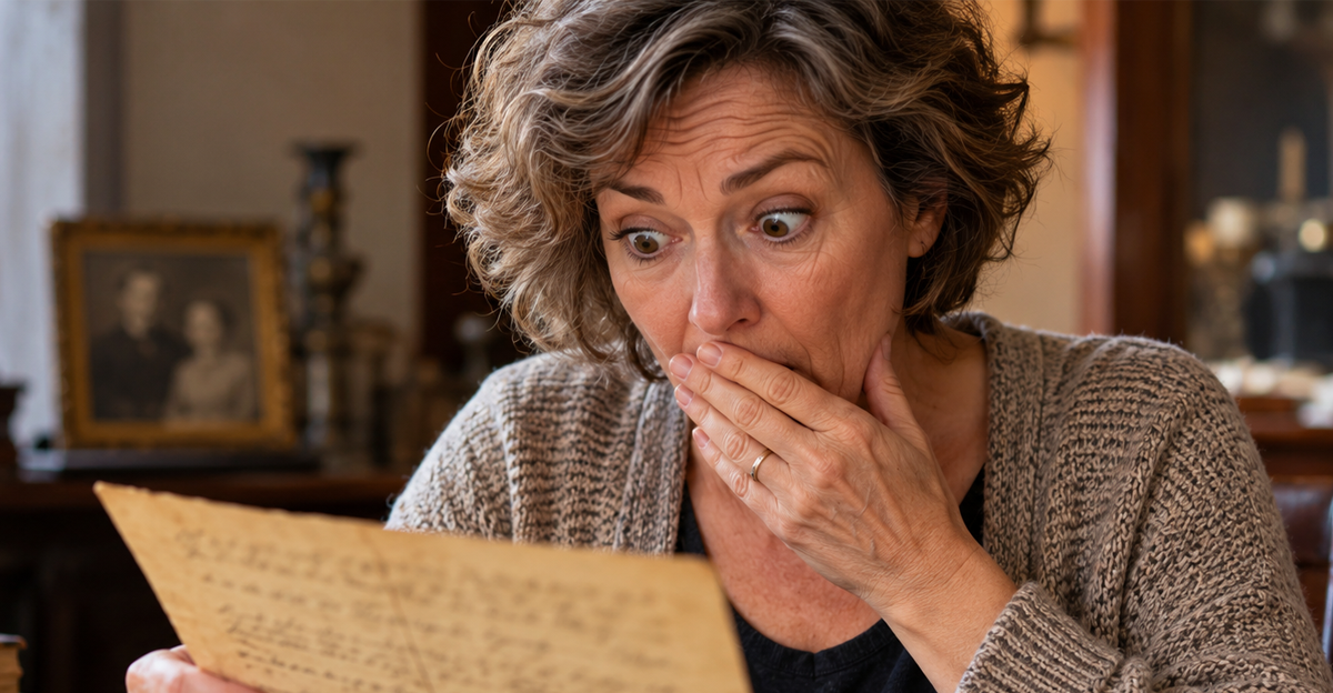 Woman looking at old family documents, surprised