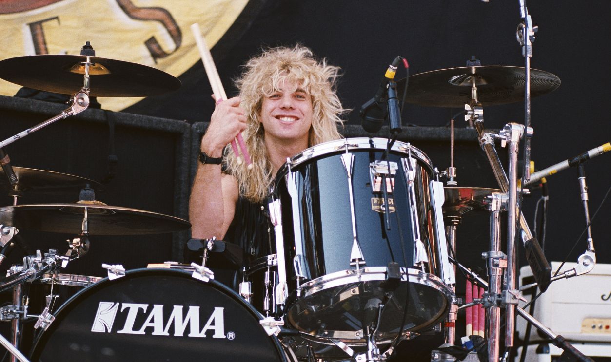EAST RUTHERFORD, NJ - AUGUST 16: Drummer Steven Adler of the rock group 'Guns n' Roses' during soundcheck as they get ready to open for Aerosmith and Deep Purple at Giants Stadium on August 16, 1988 in East Rutherford, New Jersey.