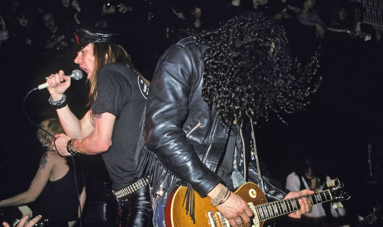 NEW YORK CITY, NY - JANUARY 31: (L) Axl Rose and Slash of Guns N' Roses perform an acoustic set at The Limelight on January 31, 1988 in New York City.