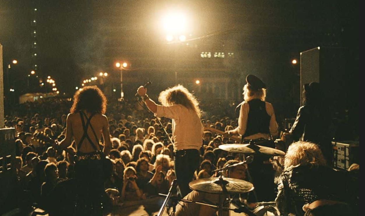 LOS ANGELES - SEPTEMBER 28: (L-R) Slash, Axl Rose, Duff McKagan, Steven Adler and Izzy Stradlin of the rock group 'Guns n' Roses' perform at the LA Street Scene on September 28, 1985 in Los Angeles, California. Slash uses a Gibson Les Paul electric guitar for the first time onstage with the band.