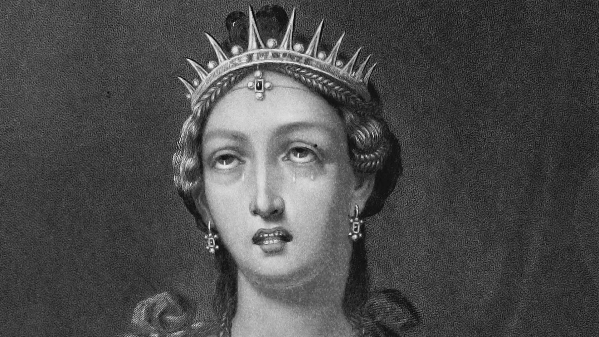 Engraving depicting Caesar Augustus' now lost painting of Cleopatra VII in encaustic, which was discovered at Emperor Hadrian's Villa (near Tivoli, Italy) in 1818. She is seen here wearing the golden radiant crown of the Ptolemaic rulers (Sartain, 1885, p