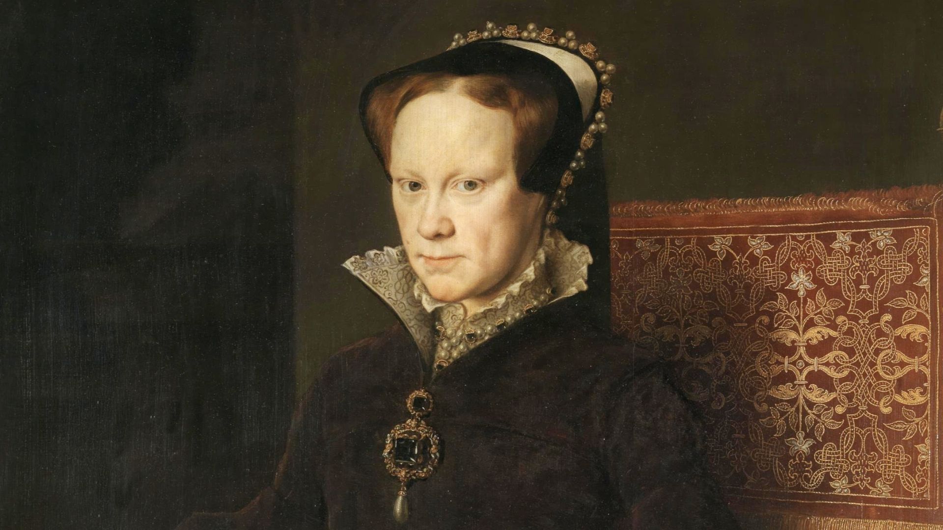 Retrato de la reina María I de Inglaterra (1516-1558), más conocida como María Tudor, que fue hija del rey Enrique VIII de Inglaterra y de la reina Catalina de Aragón y reina consorte de España por su matrimonio con Felipe II, hijo del emperador Carlos I 