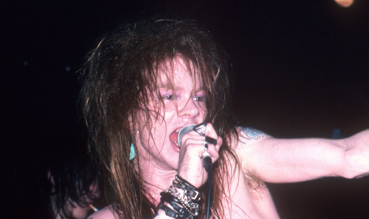 Axl Rose and Slash of Guns N' Roses in concert circa 1987 at the Vaious Venues in Los Angeles, California