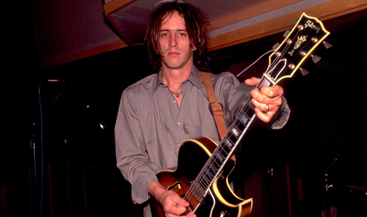 American Rock musician Izzy Stradlin (born Jeffrey Isbell) plays guitar during a studio session with his band, Izzy Stradlin and the Ju Ju Hounds, at the Chicago Recording Company, Chicago, Illinois, May 10, 1992.