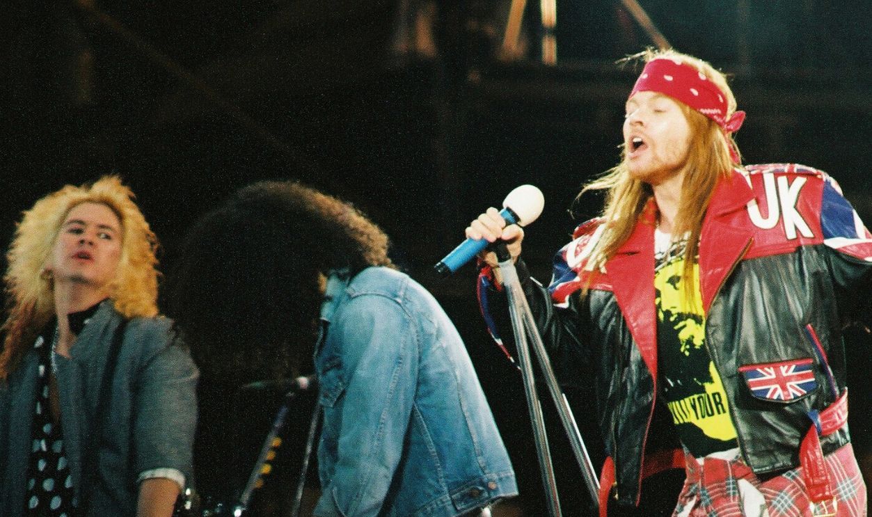 LONDON, UNITED KINGDOM - APRIL 20: Duff McKagan, Slash, Axl Rose and Gilby Clarke of Guns n Roses perform on stage at The Freddie Mercury Tribute Concert at Wembley Stadium on April 20th, 1992 in London, United Kingdom.