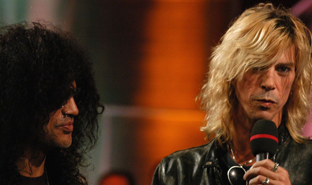 NEW YORK - MAY 24: Slash and Duff McKagan of Velvet Revolver appear on Fuse's IMX show at Fuse's IMX Studios in Penn Plaza May 24, 2004 in New York City.