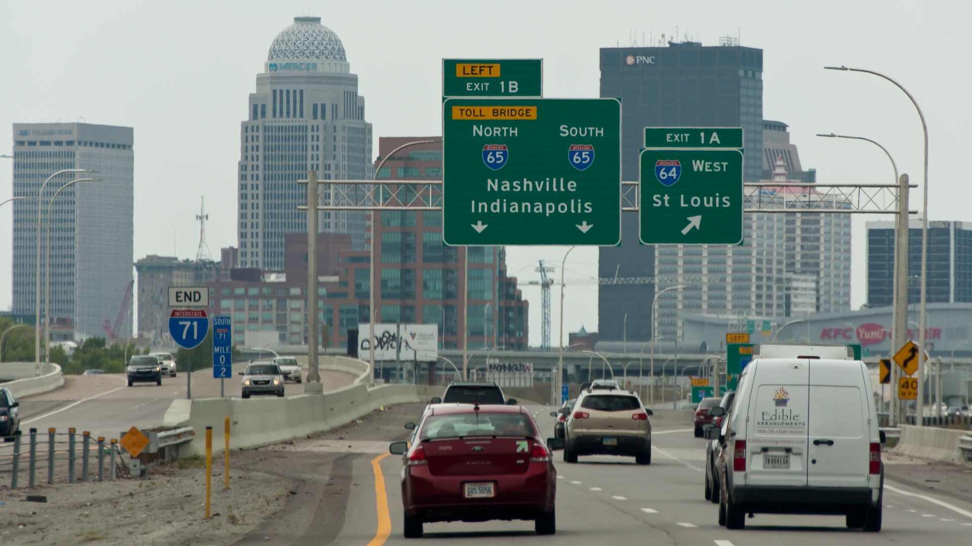 End of Interstate 71 in Louisville, Kentucky. Taken at the junction of Interstate 65 north and south, and Interstate 64 west.