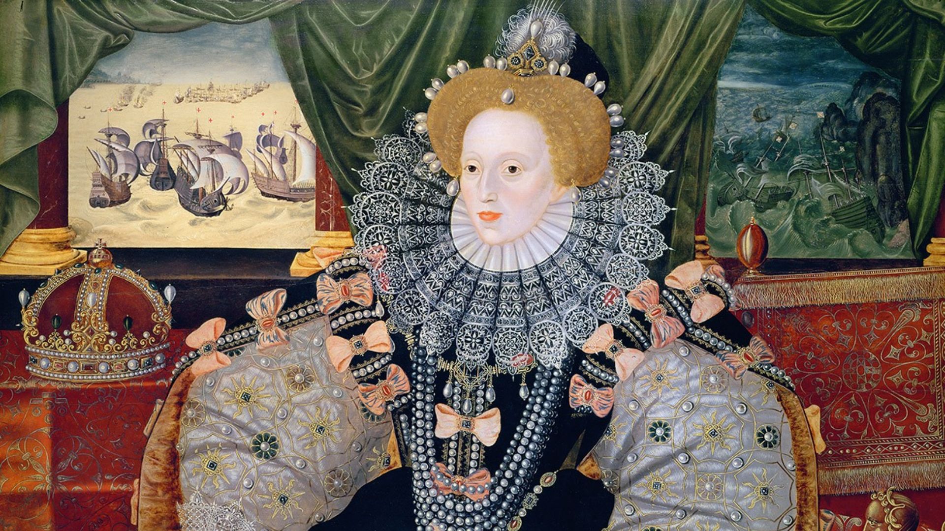 The portrait was made to commemorate the defeat of the Spanish Armada (depicted in the background). It is the most faded, but has fewer losses and other damage. Its Armada naval action scenes have their ships floating as if on sand, as the varnishes that 