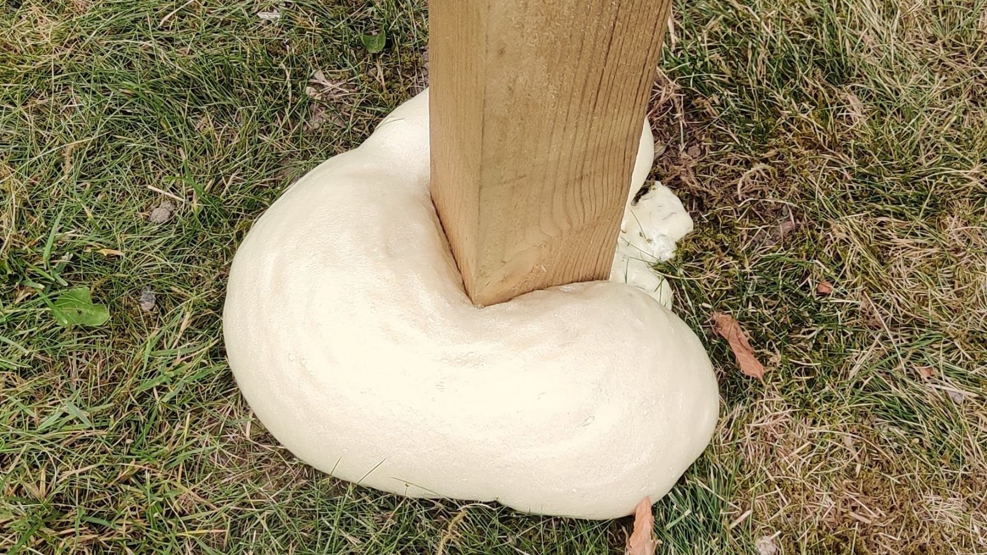 Rigid polyurethane foam used as backfill for a wooden post.