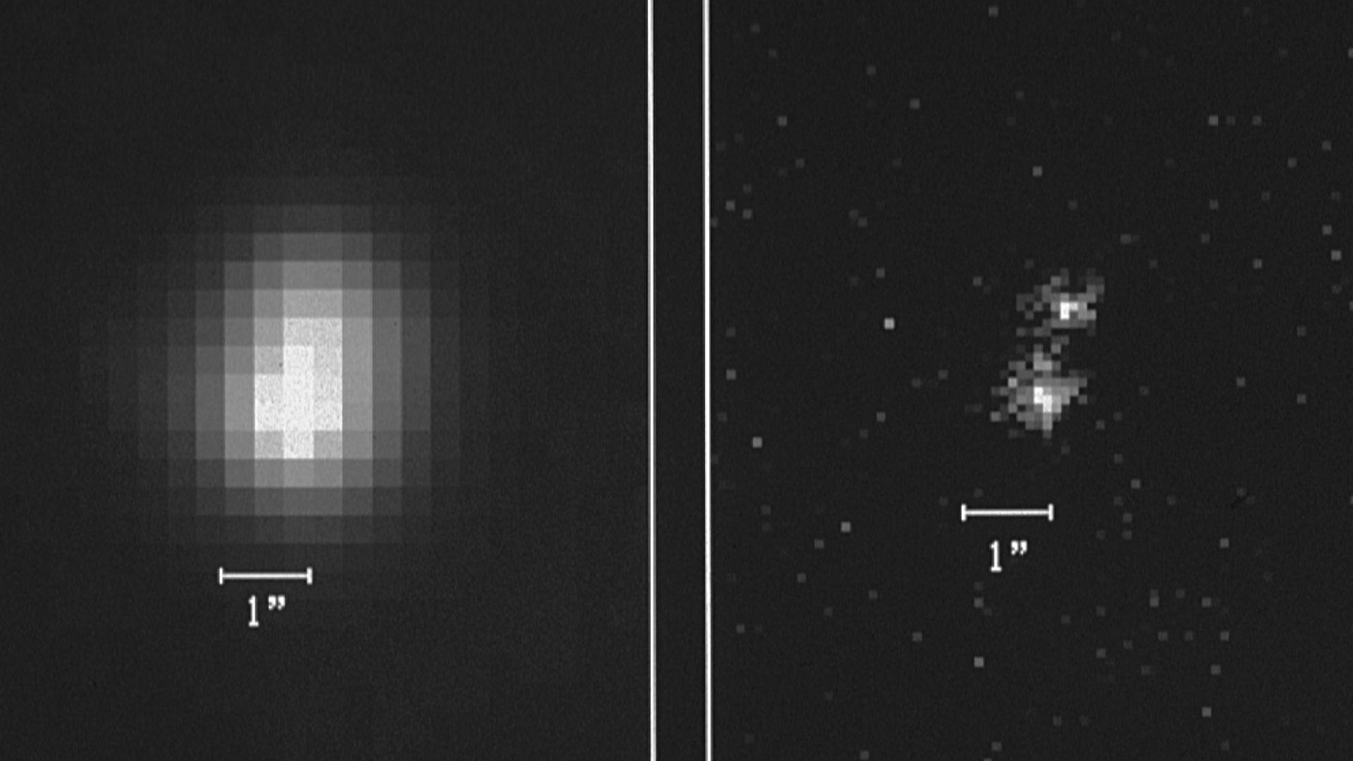 The image on the right is a portion of the first image returned by the Wide Field/Planetary Camera on the Hubble Space Telescope (HST). On the left is a ground based image of the same area of the sky. The object shown in these images is a double star: the