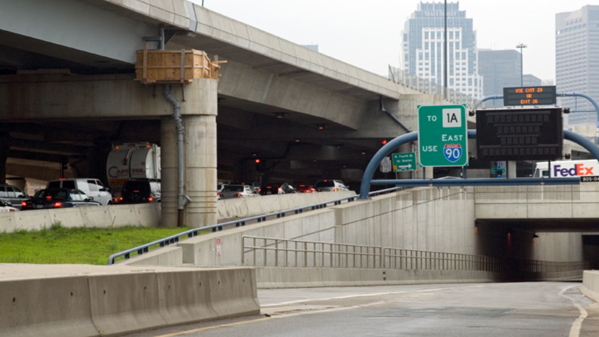 Boston traffic snakes over a closed Ted Williams Tunnel entrance in Boston during rush hour on July 11, 2006.