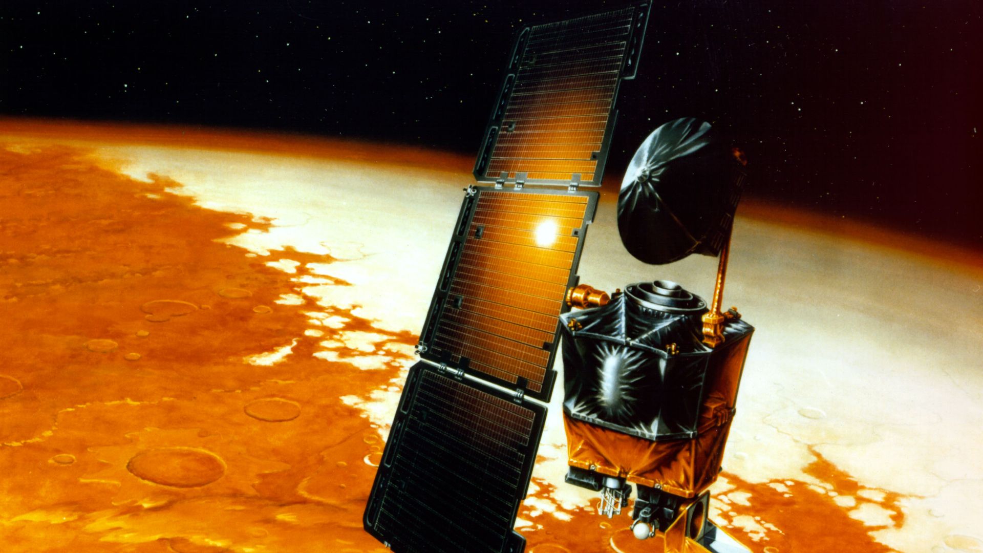 Artistic depiction of Mars Climate Orbiter in orbit around Mars.