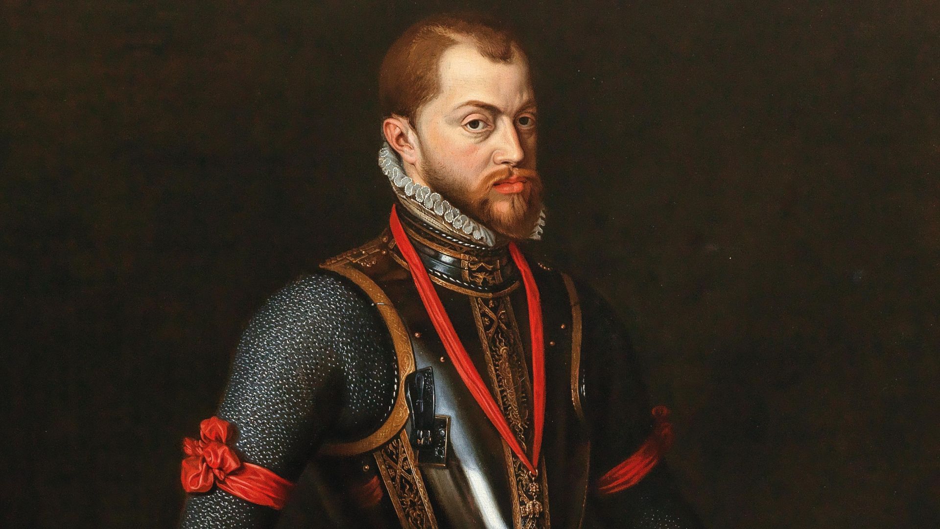 Portrait of Philip II of Spain (1527–1598), full-length, wearing armour and the Order of the Golden Fleece, with inventory number ‘406’ and inscribed lower left: Philippe 2 Reÿ de Spañia,
oil on canvas, 201 x 121 cm, framed)
