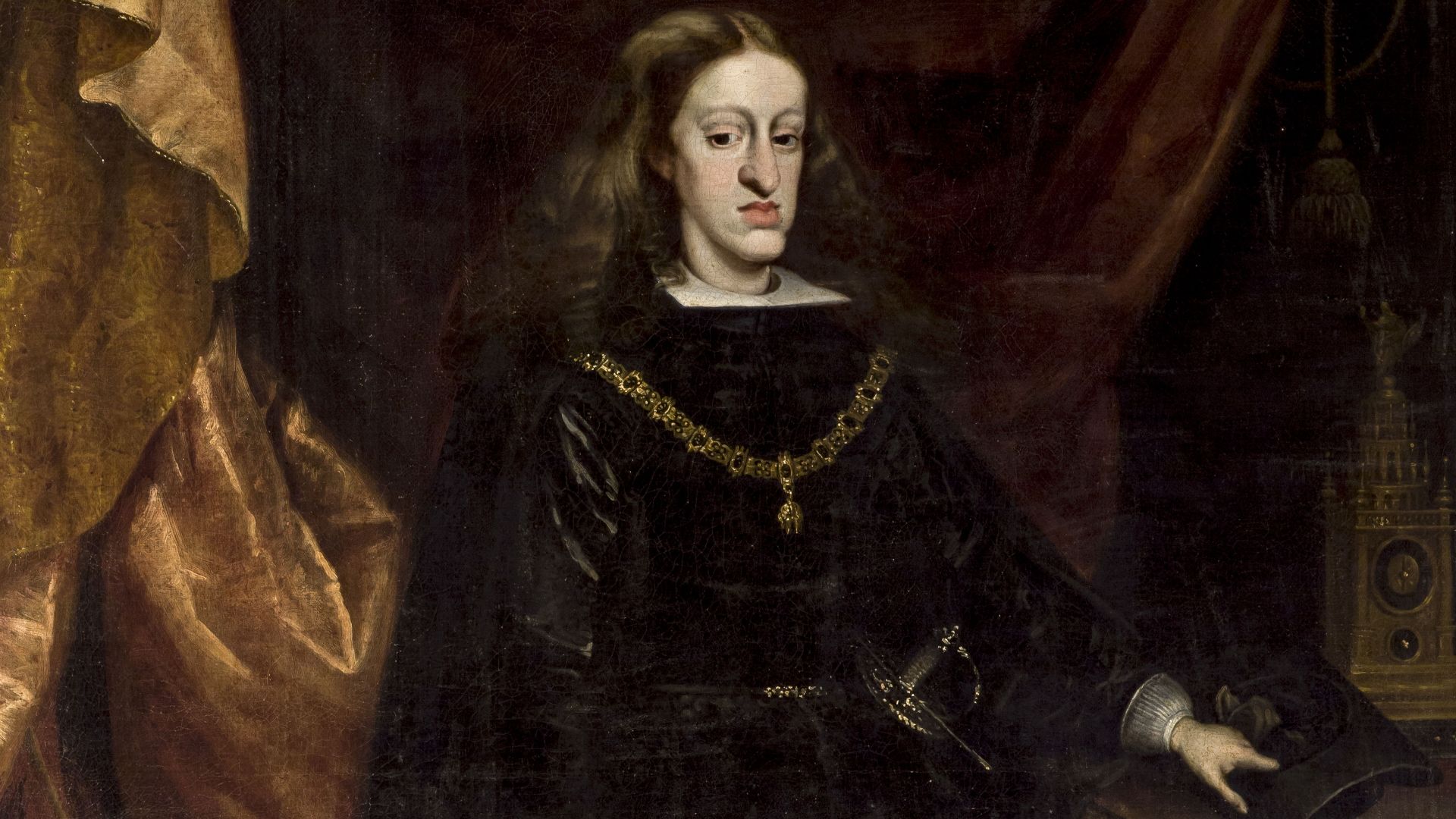 Retrato del rey Carlos II de España (1661-1700). Este lienzo es una variante ampliada del retrato de medio cuerpo del monarca custodiado en el Kunsthistorisches Museum de Viena y pintado a finales del siglo XVII por Juan Carreño de Miranda.