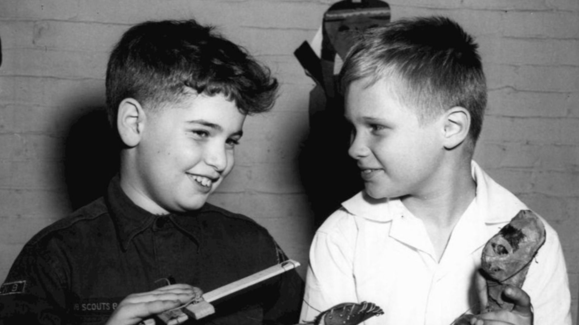 Photo of Boston Cub Scout Peter Finn (left) and Brandon deWilde as deWilde was made an honorary member of the local scout pack.
