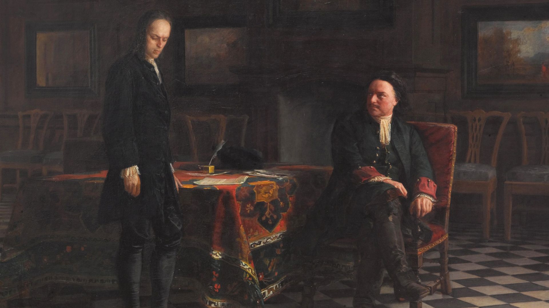 Peter the Great Interrogating the Tsarevich Alexei Petrovich at Peterhof. Painted by Nikolai Ge in 1871. Ge created two identical paintings: one purchased by Pavel Tretyakov and another one by Russian Tzar Alexander II. The first is now exhibited in the T