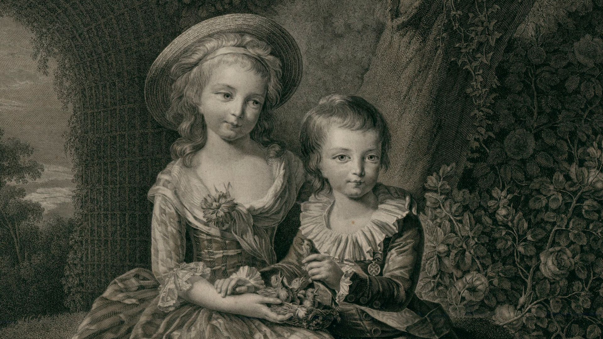 Louis Joseph Xavier François, premier Dauphin, en pied, de face, et Marie Thérèse Charlotte, ou Madame Royale, également en pied, de trois quarts à droite, assis tous deux dans un parc et tenant sur leurs genoux un nid d'oiseaux