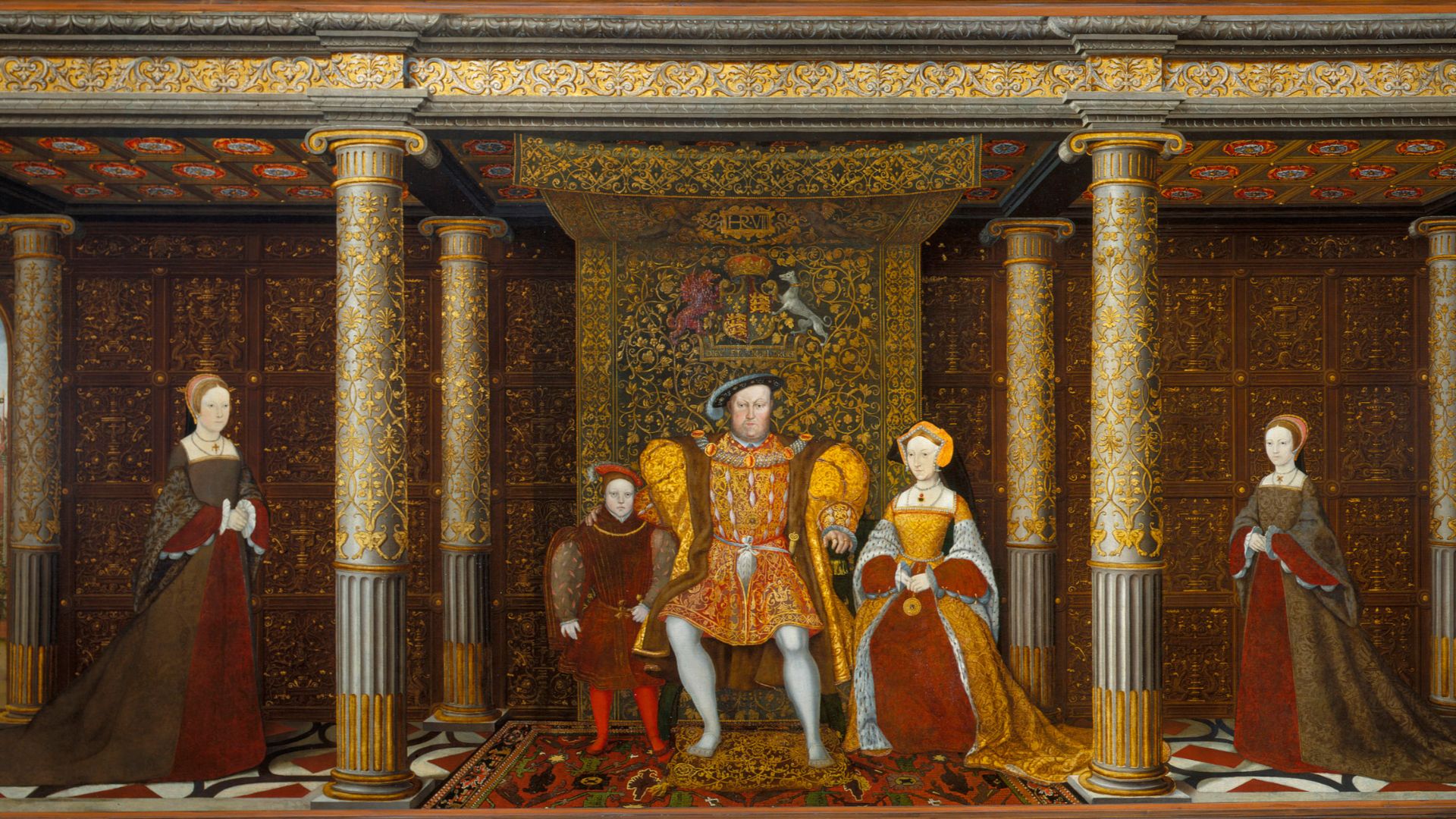 Left to Right: “Mother Jak”, Lady Mary, Prince Edward, Henry VIII, Jane Seymour (posthumous), Lady Elizabeth and Will Somers