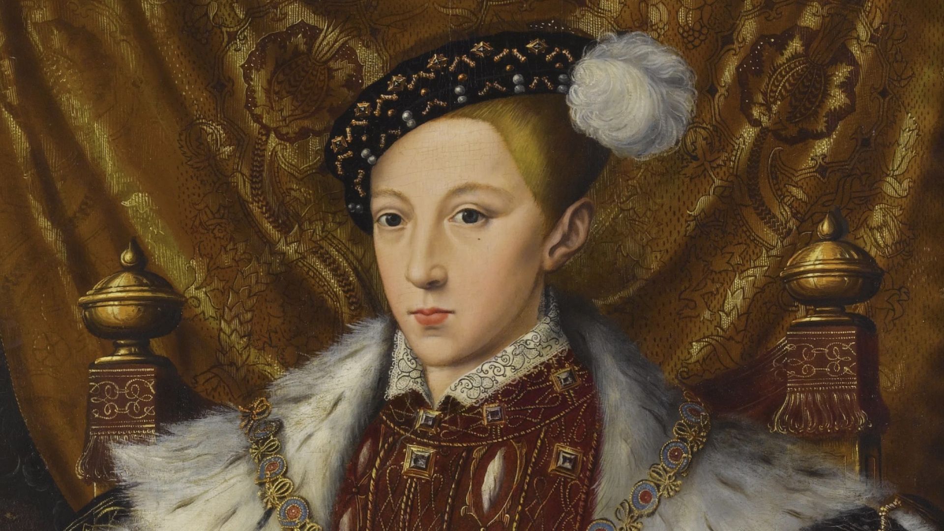 Portrait of Edward VI of England, seated, wearing a gown lined in fur (ermine or lynx) over a crimson doublet with the collar of the Order of the Garter and holding a Bible.