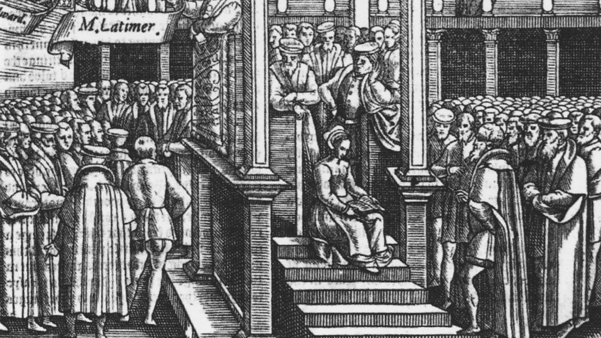 Hugh Latimer preaching to King Edward VI of England, a woodcut in John Foxe's Acts and Monuments, better known as Foxe's English Martyrs. By the time this book was published in 1563, Edward VI was revered as a pious patron of the English Reformation, a ne