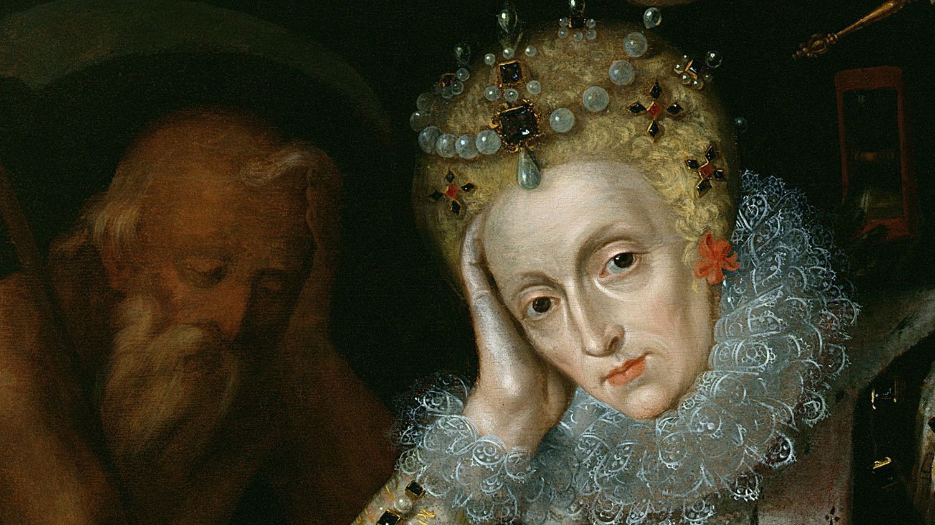 The Allegorical Portrait of Elizabeth I with Father Time at her right. Death is looking over her left shoulder, implies that she is close to her death, this also implies that the creator of this portrait did this far before she actually died in 1603 but p