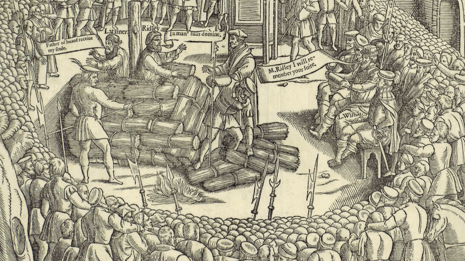 Hugh Latimer and Nicholas Ridley martyred by being burnt at the stake. John Foxe's book of martyrs. 1563 edition. When looking at these images which portray ideas such as martyrdom it is always interesting to know how historical the depiction is, in this
