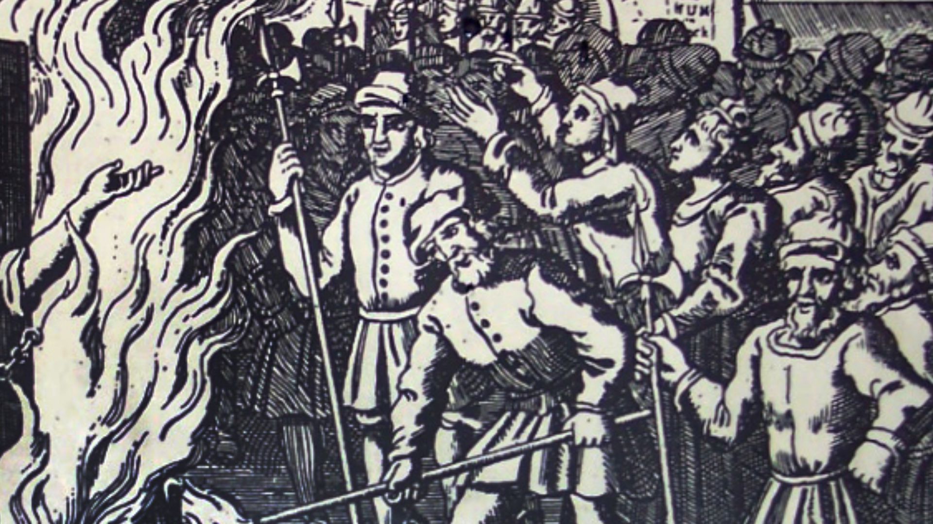 Woodcut showing the execution of John Rogers at Smithfield, London in 1555. Reproduced on page 108 of John Foxe's The Third Volume of the Ecclesiastical History: Containing the Acts and Monuments of Martyrs: with A General Discourse of the later Presecuti
