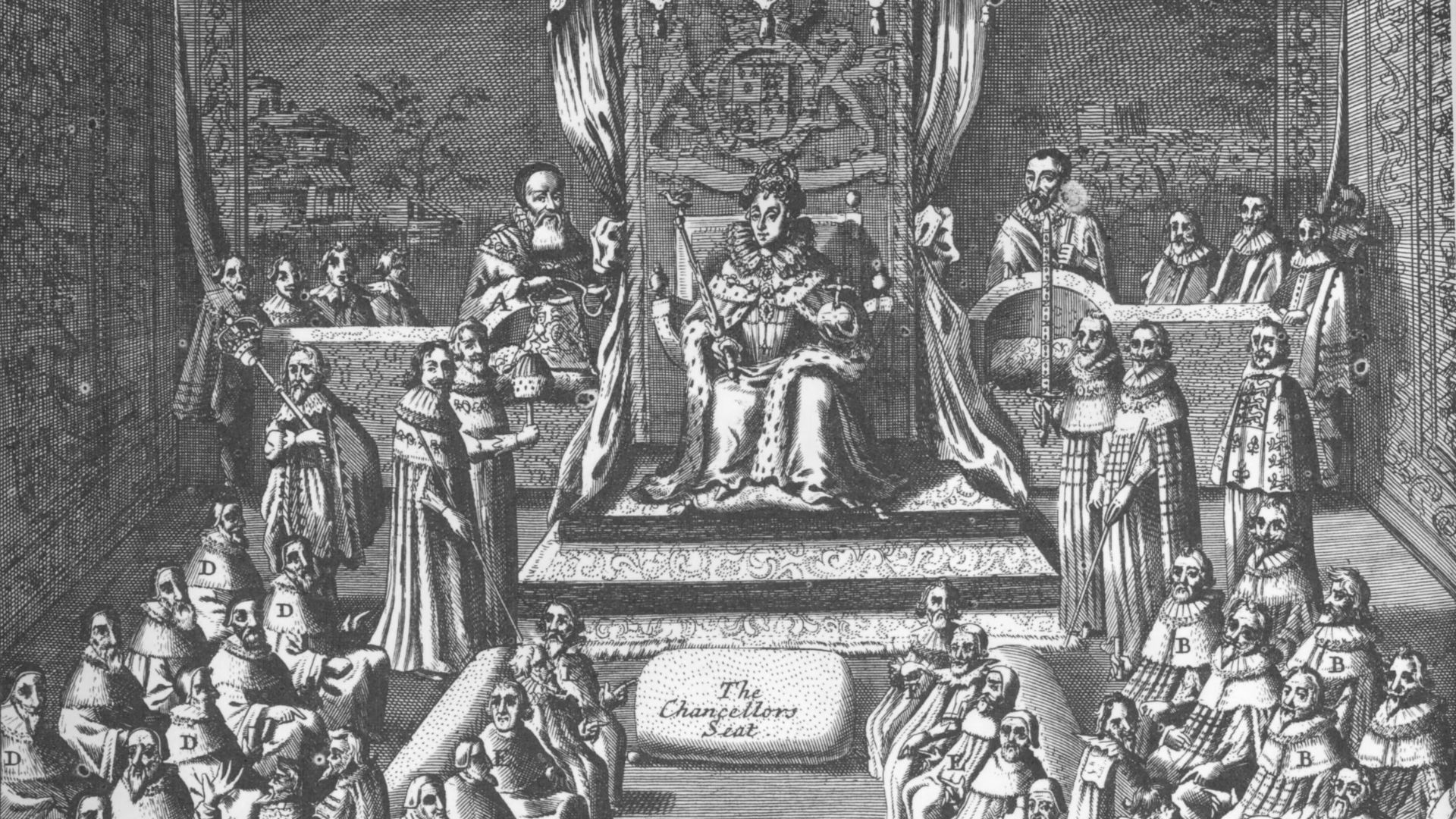 Frontispiece to Complete Journal of the House of Lords and the House of Commons Throughout the Whole Reign of Queen Elizabeth of Glorious Memory, published in London, 1693.