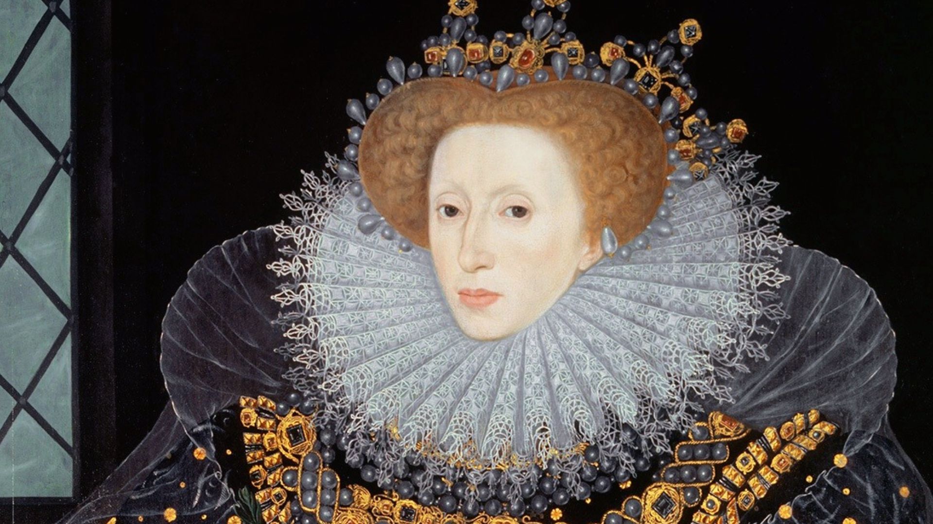 Painting of Elizabeth I of England, also known as the Ermine Portrait. Elizabeth is wearing a richly decorated black dress and The Three Brothers jewel.