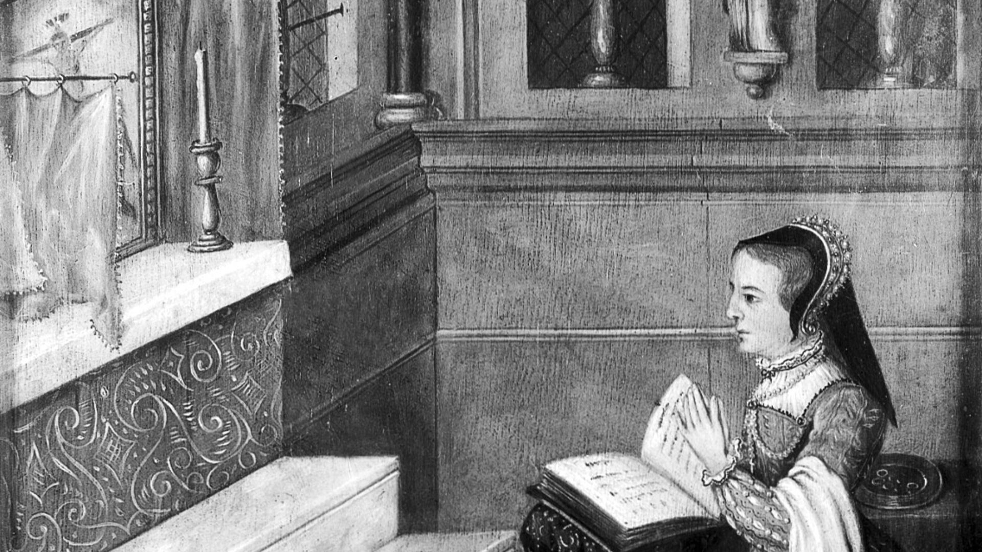 Queen Mary I blessing cramp-rings. After a miniature in Queen Mary's Manual, Westminster Cathedral Library.
Iconographic Collections
Keywords: Mary Tudor; H. M. Hayman