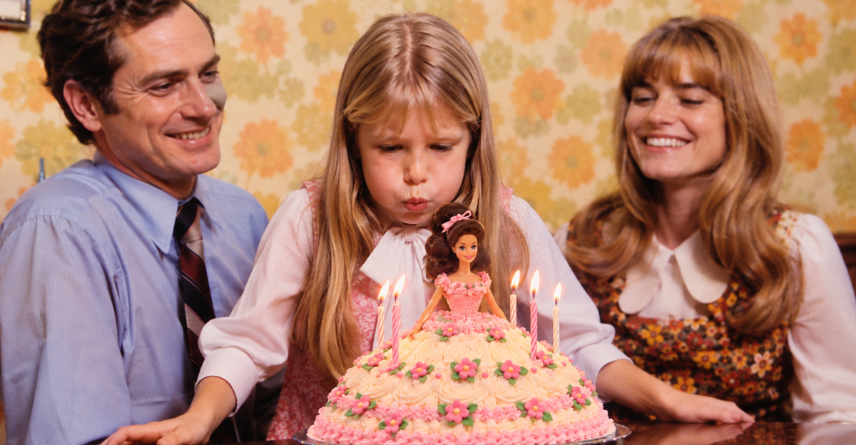 AI-generated image of a girl blowing out candles on a Barbie cake