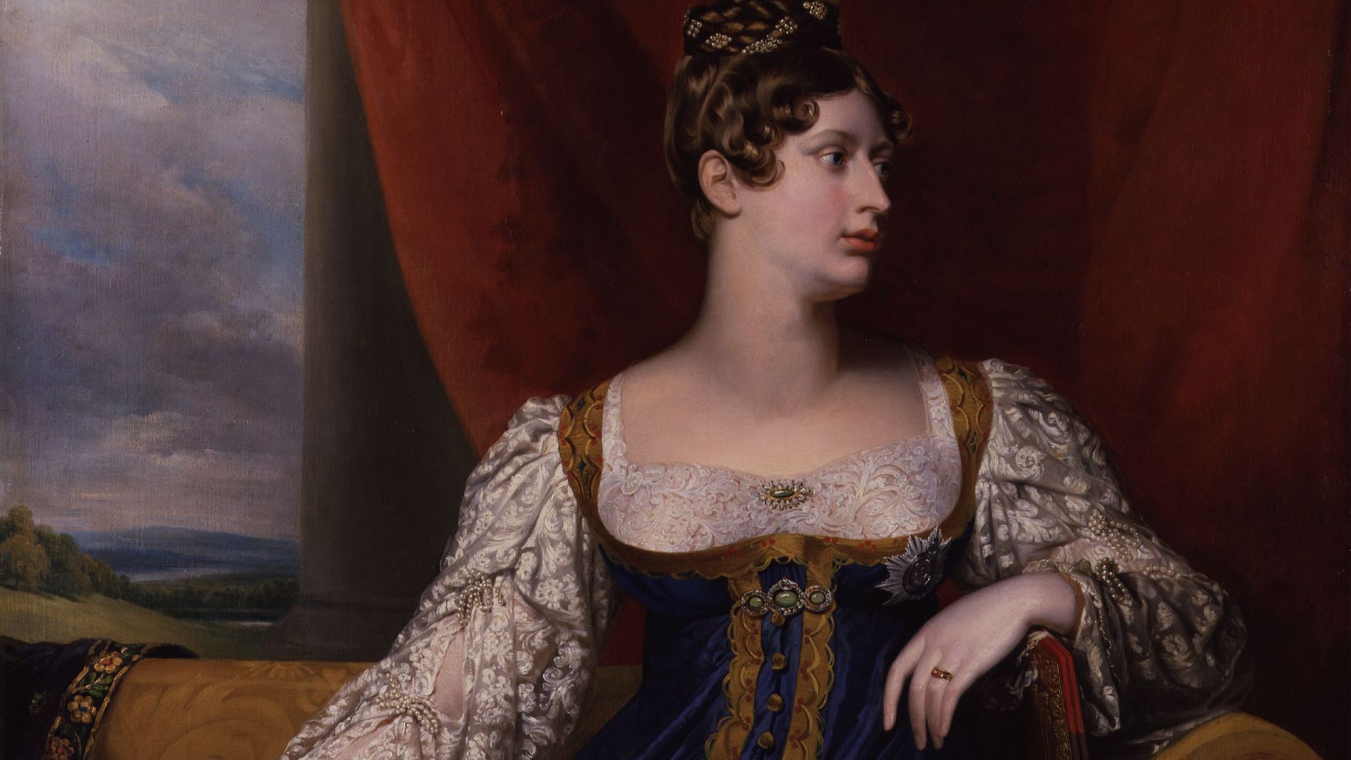Princess Charlotte of Wales (1796–1817), only child of George IV of the United Kingdom and Caroline of Brunswick, shortly before her death delivering a stillborn son in 1817. Her husband was Prince Leopold of Saxe-Coburg-Saalfeld, the future Leopold I of 