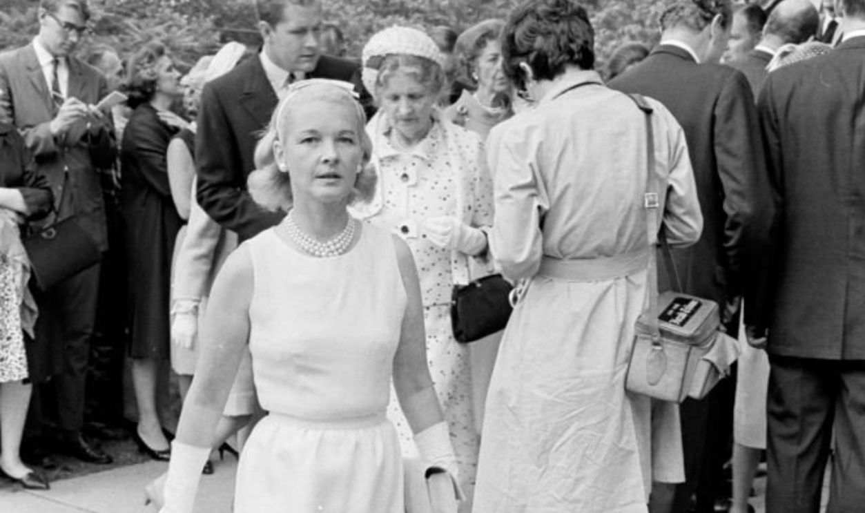C.Z. Guest arrives for the wedding of Amanda Jay Mortimer and S.Carter Burden at St. Mary's Church on Roslyn, Long Island on June 13, 1964