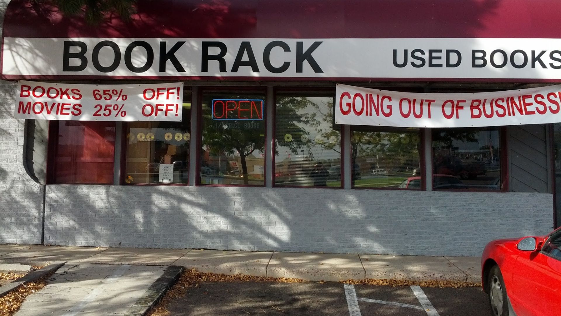Book Rack store in Colorado Springs, Colorado.  Used Books, Going Out of Business sign.