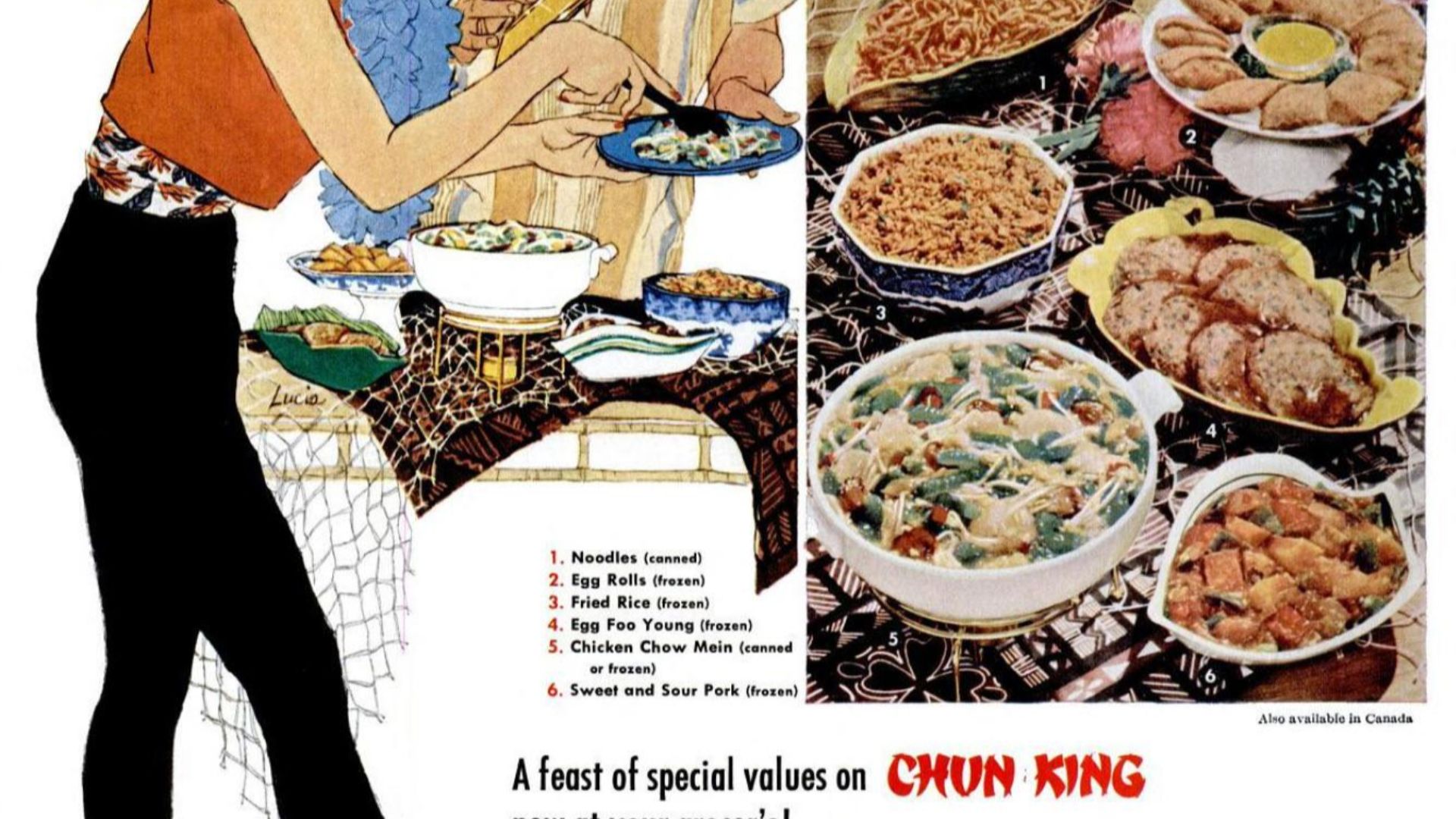 magazine ad for the Chun King Chinese food products, promoting a luau-themed party.