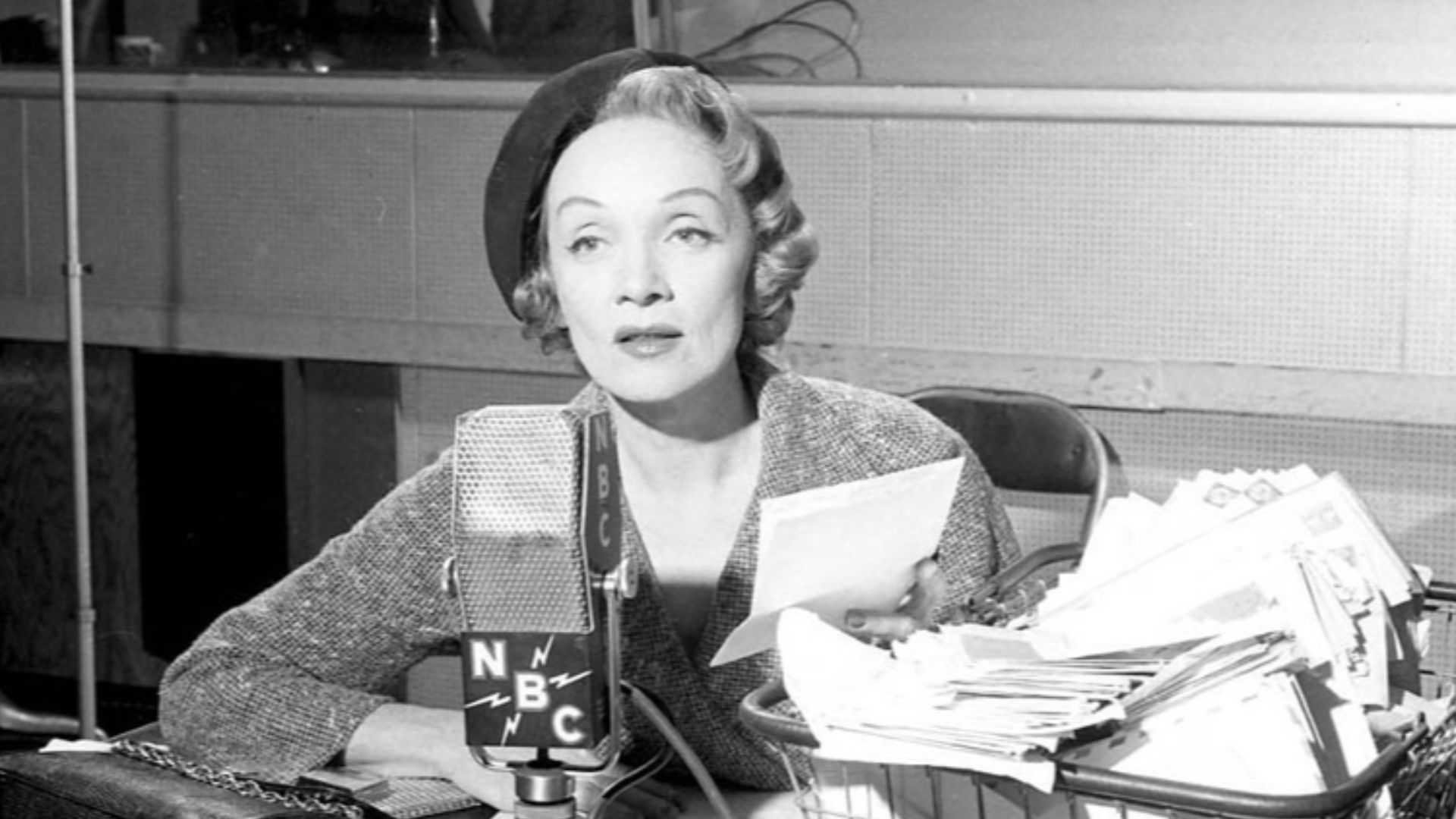 Photo of Marlene Dietrich from the NBC Radio network program Monitor. Dietrich was one of the regular contributors to the weekend radio program. She is not seen here in Monitor's