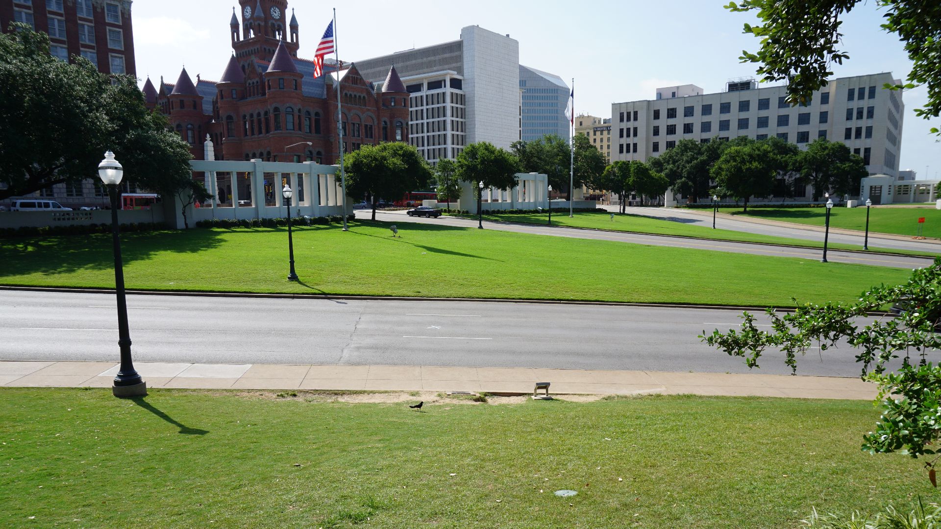 A view of Dealey Plaza, where John F. Kennedy was assassinated, from the location where the Zapruder film was shot in Dallas, Texas (United States).