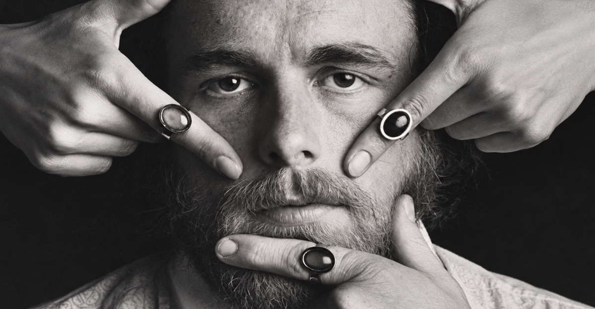 Josh Reynolds, the creator of mood stone rings, stroking his chin with his index finger, June 22, 1975, Lancaster, USA