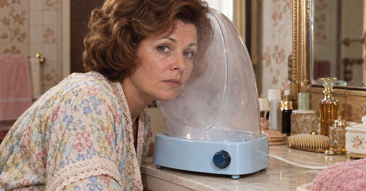 woman 1970s using home facial sauna