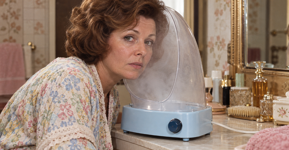 woman 1970s using home facial sauna