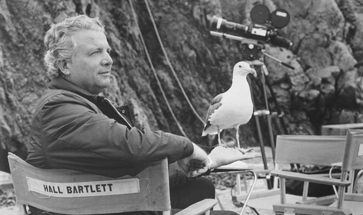 Director Hall Bartlett with Larus the Seagull from the 1973 film 'Jonathan Livingston Seagull'.