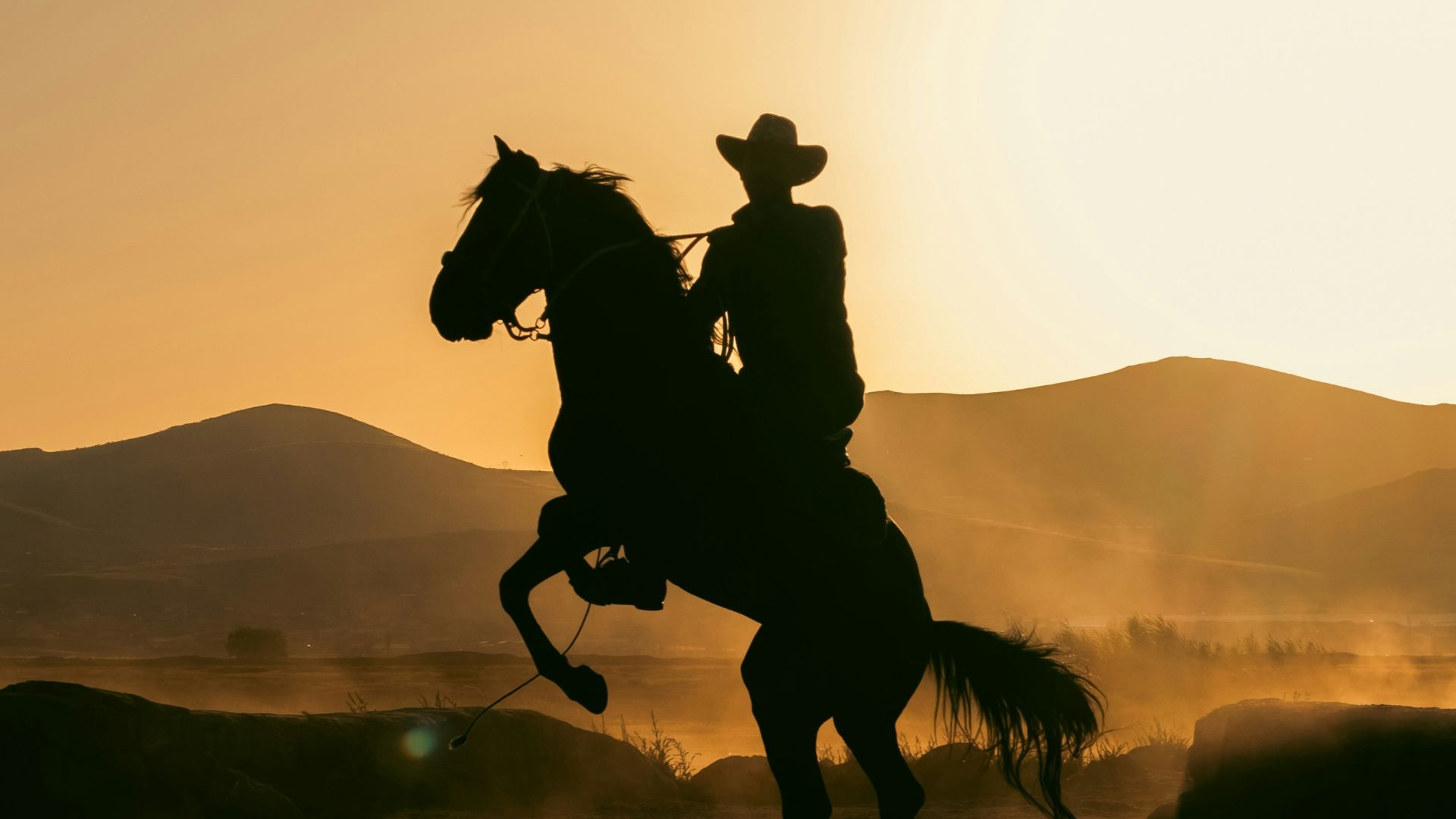 A silhouette of a man riding a horse at sunset