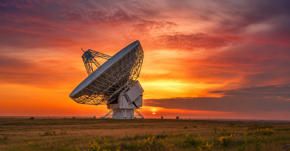 a very large radio telescope stands silhouetted against a vibrant sunset sky